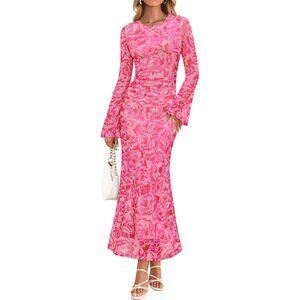 Zesica Women's Floral Rose Ruched Mesh Long Sleeve Floral Bodycon Dress
